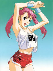 Rule 34 | 1990s (style), 1girl, arms up, blue eyes, character request, cowboy shot, gym shorts, hair bobbles, hair ornament, katsura ken&#039;ichirou, midriff, navel, open mouth, original, pink hair, retro artstyle, short shorts, shorts, simple background, solo, twintails, wristband