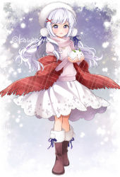 Rule 34 | 1girl, artist name, brown footwear, dress, hair ornament, holding, kawanobe, lace, looking at viewer, low twintails, original, purple eyes, snow rabbit, snowflakes, snowing, stole, twintails, wavy hair, white dress, white hair, x hair ornament