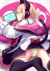 Rule 34 | 1girl, animal ear headphones, black thighhighs, blonde hair, blue archive, blush, bow, cat ear headphones, cat tail, fake animal ears, green panties, hair bow, halo, handheld game console, headphones, highres, jacket, long sleeves, lying, mishima hiroji, momoi (blue archive), nintendo switch, on stomach, open mouth, panties, pink eyes, playing games, pleated skirt, polka dot, polka dot panties, skirt, solo, tail, thighhighs, underwear, white jacket