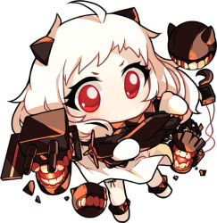 Rule 34 | 10s, 1girl, abyssal ship, ahoge, aircraft, airplane, carillus, chibi, colored skin, covered mouth, horns, kantai collection, long hair, looking at viewer, machinery, mittens, northern ocean princess, red eyes, solo, turret, white hair, white skin