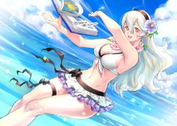 Rule 34 | 1girl, bikini, black hairband, blue sky, book, breasts, cleavage, cloud, corrin (female) (fire emblem), corrin (female) (summer) (fire emblem), corrin (fire emblem), day, fire emblem, fire emblem fates, fire emblem heroes, flower, hair flower, hair ornament, hairband, large breasts, long hair, looking at viewer, nintendo, official alternate costume, open book, open mouth, red eyes, sky, smile, solo, standing, swimsuit, thigh strap, tombsakura, twitter username, white hair, wreath