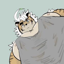 Rule 34 | 1boy, :/, ahoge, alternate costume, animal ears, bara, blue eyes, foreshortening, from below, furry, furry male, grey tank top, highres, hombre tigre (housamo), large pectorals, looking at viewer, looking down, male focus, meme, muscular, muscular male, nipple slip, nipples, pectoral cleavage, pectoral focus, pectorals, photo-referenced, short hair, sidepec, solo, tank top, thick eyebrows, tiger boy, tiger ears, tokyo houkago summoners, tsukudani-chan (29 da2), upper body, yur oc like this (meme)