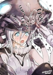 Rule 34 | 10s, 1girl, @ @, abyssal ship, admiral (kancolle), aqua eyes, breasts, cleavage, gloves, headgear, kantai collection, mizuta kenji, saliva, tears, teeth, toothbrush, translation request, uncommon stimulation, wo-class aircraft carrier