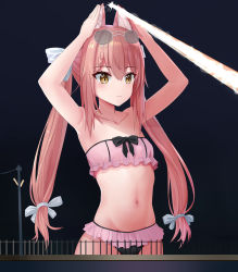 Rule 34 | 1girl, :3, absurdres, animal ears, armpits, arms up, bikini, bow, braid, breasts, closed mouth, collarbone, eyewear on head, female focus, frilled bikini, frills, hair between eyes, hair bow, hair ornament, hair ribbon, highres, looking afar, navel, original, pink hair, ribbon, small breasts, solo, stomach, sunglasses, swimsuit, twintails, white bow, white ribbon, xila qian tang shi, yellow eyes