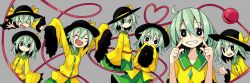 Rule 34 | 6+girls, :d, ^ ^, asameshi, black eyes, black hat, closed eyes, collarbone, frilled sleeves, frills, green hair, green skirt, grey background, grin, hair between eyes, hat, heart, heart of string, komeiji koishi, multiple girls, multiple persona, open mouth, parted lips, shirt, short hair, simple background, skirt, sleeves past wrists, smile, third eye, touhou, wide sleeves, yellow shirt