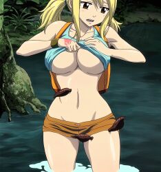 Rule 34 | 1girl, backpack, bag, blonde hair, blue shirt, bracelet, breasts, brown eyes, brown shorts, clothes lift, collarbone, curvy, fairy tail, groin, hand tattoo, highres, jewelry, large breasts, lucy heartfilia, no bra, no panties, open mouth, outdoors, screencap, shirt, shirt lift, short shorts, shorts, sidelocks, stitched, tattoo, thick thighs, thighs, third-party edit, twintails, underboob, water, wide hips