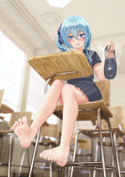 Rule 34 | 1girl, absurdres, andy2465, aqua eyes, aqua hair, barefoot, blue eyes, blue hair, blush, classroom, desk, feet, foreshortening, hair between eyes, highres, holding, holding shoes, hololive, hoshimachi suisei, knees together feet apart, loafers, long hair, looking at viewer, parted lips, school uniform, serafuku, shoes, side ponytail, sitting, soles, steam, sweat, thighs, toes, unworn shoes, virtual youtuber
