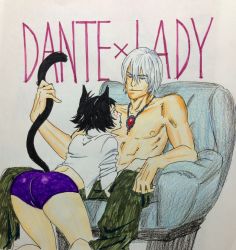 Rule 34 | 1boy, 1girl, animal ears, ass, bad id, bad pixiv id, black hair, buruma, cat ears, cat tail, character name, cheetah (karasu-uuu), dante (devil may cry), devil may cry (series), highres, jewelry, kemonomimi mode, lady (devil may cry), marker (medium), necklace, out of character, scar, topless male, sitting, smirk, tail, tail fondling, traditional media, white hair