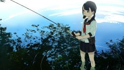 Rule 34 | 1girl, asymmetrical bangs, bag, black eyes, black hair, black skirt, closed mouth, day, fishing, fishing rod, food, food in mouth, fuyuno kamome, highres, holding, low ponytail, mole, mole under mouth, mouth hold, neckerchief, original, outdoors, pleated skirt, red neckerchief, reflection, ripples, satchel, school uniform, senbei, serafuku, skirt, solo, standing, tareme, wading