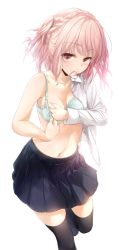 Rule 34 | 1girl, adjusting bra, adjusting clothes, aqua bra, bare shoulders, black thighhighs, blouse, blush, bra, braid, breasts, collarbone, crown braid, dress shirt, fingernails, highres, long sleeves, looking at viewer, medium breasts, mouth hold, navel, open clothes, open shirt, original, pink eyes, pink hair, pleated skirt, revision, shirt, short hair, simple background, skirt, smile, solo, standing, standing on one leg, thighhighs, underwear, white background, wingheart, zettai ryouiki