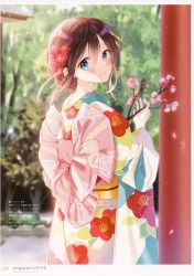 Rule 34 | 1girl, absurdres, ahoge, blue eyes, blurry, blurry background, braid, branch, brown hair, closed mouth, day, floral print, flower, hair ornament, highres, holding, japanese clothes, kantai collection, kimono, light particles, lips, long hair, looking at viewer, looking back, naoto (tulip), outdoors, petals, scan, shigure (kancolle), simple background, single braid, smile, solo, tree, wide sleeves