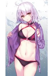 Rule 34 | 1girl, ahoge, aosaki yukina, bare shoulders, bikini, black bikini, black choker, border, breasts, choker, cleavage, commentary request, cowboy shot, fate/grand order, fate (series), gradient background, grey background, hair between eyes, halterneck, head tilt, highres, hood, hooded jacket, jacket, jeanne d&#039;arc alter (swimsuit berserker) (fate), jeanne d&#039;arc (fate), jeanne d&#039;arc alter (fate), jeanne d&#039;arc alter (swimsuit berserker) (fate), long sleeves, looking at viewer, medium breasts, navel, o-ring, o-ring bikini, open clothes, open jacket, parted lips, pillarboxed, purple jacket, short hair, silver hair, solo, standing, stomach, swimsuit, thighs, white border, yellow eyes