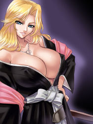 Rule 34 | 00s, 1girl, bare shoulders, between breasts, bleach, blonde hair, blue eyes, breasts, chain, cleavage, cowboy shot, covered erect nipples, from side, grin, hand on own hip, huge breasts, japanese clothes, jewelry, kagami hirotaka, kimono, long hair, long sleeves, looking at viewer, matsumoto rangiku, mole, mole under mouth, necklace, no bra, off shoulder, open clothes, open kimono, open robe, outline, robe, sash, shawl, smile, solo, standing, wavy hair, wide sleeves