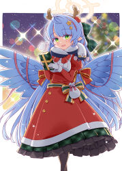 Rule 34 | 1girl, :d, antlers, black pantyhose, blue archive, blue hair, blue wings, blurry, blurry background, box, breasts, christmas ornaments, christmas tree, commentary request, depth of field, dress, fake antlers, feathered wings, frilled skirt, frills, gift, gift box, green eyes, green skirt, hair ornament, halo, harada (sansei rain), highres, holding, holding gift, horns, juliet sleeves, long hair, long sleeves, looking at viewer, medium breasts, mine (blue archive), open mouth, pantyhose, parted bangs, plaid, plaid skirt, pleated skirt, puffy sleeves, red dress, reindeer antlers, skirt, smile, solo, star (symbol), star hair ornament, very long hair, wings