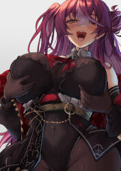 Rule 34 | 1girl, bare shoulders, belt, black gloves, black leotard, blush, bodystocking, bow, bowtie, breasts, brown pantyhose, cleavage, covered navel, cowboy shot, gloves, hair between eyes, hair bun, heterochromia, highres, hololive, houshou marine, houshou marine (marching band), lace-trimmed leotard, lace trim, large breasts, leotard, leotard under clothes, long hair, long sleeves, looking at viewer, multicolored hair, naughty face, official alternate hair length, official alternate hairstyle, open mouth, pantyhose, red eyes, red hair, red ribbon, ribbon, see-through, see-through cleavage, simple background, single side bun, smile, solo, streaked hair, teeth, tongue, twintails, very long hair, virtual youtuber, white background, yellow eyes, yude