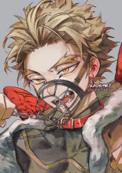 Rule 34 | animal collar, artist name, blonde hair, boku no hero academia, chain, chained, collar, covered collarbone, facial hair, fangs, fur trim, grey background, hawks (boku no hero academia), kadeart, male focus, muzzle, open mouth, orange eyes, red collar, red wings, short hair, simple background, solo, spiked hair, teeth, upper body, watermark, wings