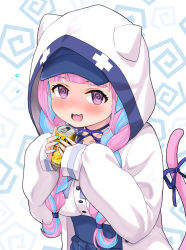 Rule 34 | 1girl, :d, @ @, animal hood, blue bow, blue bowtie, blue choker, blue hair, blue skirt, blunt bangs, blush, bow, bowtie, braid, breasts, can, cat girl, cat hood, cat tail, choker, cowboy shot, embarrassed, flying sweatdrops, haniwa (leaf garden), high-waist skirt, highres, holding, holding can, hololive, hood, hooded jacket, jacket, large breasts, long hair, long sleeves, looking at viewer, minato aqua, minato aqua (sailor), multicolored hair, open clothes, open jacket, open mouth, pleated skirt, purple eyes, purple hair, ribbon, ribbon choker, shirt, skirt, smile, solo, tail, tail ornament, tail ribbon, trembling, twin braids, twintails, two-tone hair, underbust, virtual youtuber, wavy mouth, white jacket, white shirt