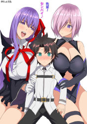 Rule 34 | 1boy, 2girls, arm grab, bb (fate), bb (fate), bb (fate/extra), blush, breasts, elbow gloves, fate/grand order, fate (series), fujimaru ritsuka (male), full-face blush, girl sandwich, gloves, hair ribbon, highleg, highres, kloah, large breasts, leotard, looking down, mash kyrielight, multiple girls, naughty face, navel, open mouth, purple eyes, purple hair, red ribbon, ribbon, sandwiched, short hair, simple background, skirt, thigh strap, thighs, translated, white background, white gloves