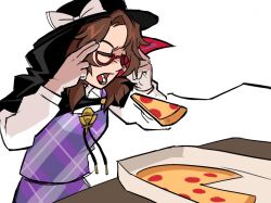 Rule 34 | 1girl, black hat, bow, breasts, brown hair, closed eyes, cowboy shot, food, glasses, hat, hat bow, high collar, long sleeves, low twintails, man levitating pizza (meme), medium hair, meme, open mouth, pizza, pizza box, pizza slice, plaid, plaid skirt, plaid vest, psychic, purple skirt, purple vest, quimbaya airplane, red-framed eyewear, shirt, simple background, skirt, small breasts, solo, taco touhou, telekinesis, touhou, twintails, usami sumireko, vest, white background, white bow, white shirt