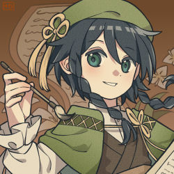 Rule 34 | 1boy, black hair, braid, brown vest, chyoutsugai, coat, flower, frilled sleeves, frills, genshin impact, green coat, green eyes, green hat, hat, highres, holding, holding quill, looking at viewer, male focus, mole, mole under eye, quill, scroll, smile, solo, twin braids, venti (genshin impact), vest, white sleeves