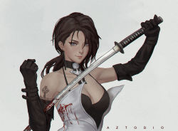 Rule 34 | 1girl, aged up, asymmetrical hair, aztodio, bare shoulders, blood, blood on clothes, breasts, choker, cleavage, detached collar, earrings, elbow gloves, fire emblem, fire emblem: three houses, gloves, grey eyes, highres, holding, holding sword, holding weapon, jewelry, large breasts, looking at viewer, medium hair, nintendo, nose piercing, piercing, shamir nevrand, smile, smirk, sword, tattoo, weapon