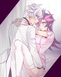 1boy 1girl bare_legs bed black_border black_hair black_shirt blue_eyes blush border colored_bangs couple curtains dress_shirt colored_bangs embarrassed facing_another facing_to_the_side fujiki_yusaku genderswap genderswap_(mtf) green_eyes hands_on_another&#039;s_back hands_on_another&#039;s_shoulders hetero hospital_bed hospital_gown implied_sex indoors jacket knees_up kogami_ryoken lab_coat leaning_back leaning_on_person light_smile looking_at_another medical_scrubs multicolored_hair on_bed open_clothes open_jacket open_mouth outstretched_arms pink_shirt sakimiya297 shirt sitting spiked_hair streaked_hair sweatdrop thighhighs white_hair white_jacket white_thighhighs yu-gi-oh! yu-gi-oh!_vrains