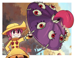 Rule 34 | 1girl, autumn, autumn leaves, axoluk, blush stickers, border, drooling, grin, hand on own hip, hat, holding, holding umbrella, hungern (skullgirls), pink eyes, pink hair, raincoat, red eyes, short hair, shorts, skullgirls, smile, solo, tongue, tongue out, tree, umbrella, umbrella (skullgirls), white border
