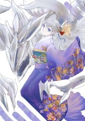 Rule 34 | 1girl, alternate costume, blue eyes, character request, dragon, duel monster, fins, floating, full body, grey hair, head fins, head tilt, highres, japanese clothes, kimono, long hair, long sleeves, mone (mochimochimone), new year, obi, sash, skeleton, sleeves past wrists, tearlaments kitkallos, wide sleeves, yu-gi-oh!