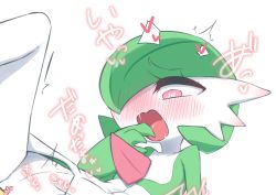Rule 34 | 1girl, ^^^, blush, bob cut, clitoris, colored skin, creatures (company), cropped, erect clitoris, female focus, flat chest, game freak, gardevoir, gen 3 pokemon, green hair, green skin, hair over one eye, half-closed eyes, heart, heart-shaped pupils, highres, japanese text, leg up, looking down, m3 (gardevoir m3), multicolored skin, nintendo, nose blush, one eye covered, open mouth, out-of-frame censoring, pokemon, pokemon (creature), pussy, red eyes, saliva, short hair, simple background, solo, speech bubble, spoken heart, spread legs, symbol-shaped pupils, translation request, trembling, two-tone skin, vaginal, white background, white skin