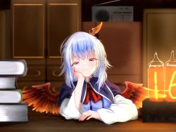 1girl, arm rest, besuteia, bird wings, blue capelet, blue dress, blue hair, blurry, blurry background, book, book stack, boombox, bow, bowtie, capelet, commentary request, dress, elbows on table, feathered wings, hand on own face, head tilt, head wings, highres, horns, indoors, long sleeves, looking at viewer, multicolored hair, nixie tube, red eyes, red neckwear, single head wing, smile, solo, table, tokiko (touhou), touhou, two-tone hair, upper body, wardrobe, white hair, white sleeves, wings