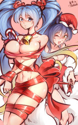 Rule 34 | 2girls, ahri (league of legends), animal ears, aqua hair, bare shoulders, bdsm, black hair, blue hair, bondage, bound, braid, breasts, christmas, cleavage, fangs, fox ears, fox tail, hat, highres, large breasts, league of legends, long hair, multiple girls, nanquan zhanglang, nude, santa hat, sona (league of legends), tail, thighhighs, twintails