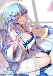 Rule 34 | 1girl, :d, ahoge, blue hair, blue jacket, blue nails, braid, breasts, cleavage, dress, elf, flower, hair between eyes, hair flower, hair ornament, half updo, hololive, hong (white spider), jacket, large breasts, long hair, long sleeves, looking at viewer, multicolored hair, open clothes, open jacket, open mouth, petals, pillow, pointy ears, signature, sitting, smile, snowflakes, solo, streaked hair, very long hair, virtual youtuber, white dress, wide sleeves, yellow eyes, yukihana lamy