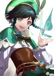 Rule 34 | 1boy, absurdres, aqua hair, beret, black bow, black hair, blue eyes, bow, braid, cape, collared cape, commentary, corset, crystalfly (genshin impact), flower, frilled sleeves, frills, gem, genshin impact, gradient hair, green cape, green gemstone, green hat, green shorts, hand up, hat, hat flower, highres, kiaomiyouji, long sleeves, looking at viewer, multicolored hair, open mouth, puffy long sleeves, puffy sleeves, shirt, short hair with long locks, shorts, simple background, smile, solo, swept bangs, twin braids, upper body, venti (genshin impact), vision (genshin impact), white background, white flower, white shirt
