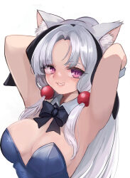 Rule 34 | 1girl, absurdres, alternate costume, animal ear fluff, animal ears, armpits, arms behind head, arms up, black bow, black bowtie, blue leotard, blush, bow, bowtie, breasts, cleavage, commentary request, fox ears, fox girl, grin, hair bobbles, hair ornament, highres, large breasts, leotard, long hair, looking at viewer, medium bangs, naonaonina, parted bangs, pink eyes, simple background, smile, solo, touhoku itako, upper body, very long hair, voiceroid, white background, white hair