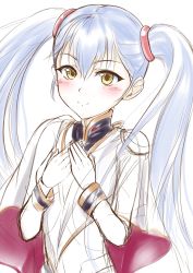 Rule 34 | 1girl, blue hair, blush, capelet, closed mouth, collared dress, dress, gloves, hair between eyes, hair rings, hair strand, hands on own chest, highres, hoshino ruri, k3rd, kidou senkan nadesico, long hair, long sleeves, looking at viewer, own hands together, simple background, sketch, smile, solo, twintails, two-sided fabric, upper body, white background, white dress, white gloves, yellow eyes