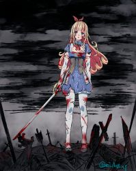 Rule 34 | 1girl, arrow (projectile), blonde hair, blood, blood on face, blue cattail, bow, bowtie, gloves, green eyes, long hair, open mouth, sartha, solo, sword, tales of erin, thighhighs, torn clothes, weapon