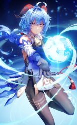 Rule 34 | 1girl, absurdres, ahoge, bare shoulders, bell, black pantyhose, blue gloves, blue hair, cowboy shot, detached sleeves, ganyu (genshin impact), genshin impact, gloves, gold trim, highres, horns, kankitsurui (house of citrus), long hair, looking at viewer, low ponytail, magic, neck bell, orb, outstretched arm, pantyhose, parted lips, purple eyes, sidelocks, solo, tassel, thighlet, thighs, white sleeves, wind