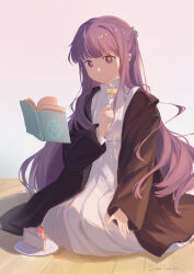 1girl absurdres black_robe book bright_pupils cake cake_slice closed_mouth commentary_request dress eating fern_(sousou_no_frieren) food fork fruit full_body grimoire hand_on_own_knee happy highres holding holding_fork indoors kneeling long_dress long_hair long_sleeves open_book partial_commentary pentagram pink_background plate purple_eyes purple_hair reading robe shadow shuiy1003 signature sleeves_past_wrists smile solo sousou_no_frieren strawberry telekinesis very_long_hair white_dress white_pupils wooden_floor