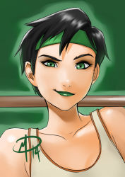 Rule 34 | 1girl, beyond good and evil, black hair, green eyes, green lips, green theme, headband, jade, lipstick, makeup, over shoulder, polarityplus, raised eyebrow, short hair, smile, solo, staff, tank top, upper body, weapon, weapon over shoulder