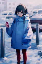 Rule 34 | 1girl, :o, absurdres, animal ears, black hair, blue coat, blue eyes, blunt bangs, blush, breath, car, cellphone, coat, commentary request, day, drawstring, fami (yellow skies), feet out of frame, footprints, hand in pocket, highres, holding, holding phone, hood, hooded coat, long sleeves, looking at viewer, motor vehicle, open mouth, original, outdoors, pantyhose, phone, purple pantyhose, short hair, smartphone, snow, solo, standing, town, winter, winter clothes, winter coat