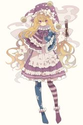 Rule 34 | 1girl, absurdres, adapted costume, american flag dress, arm up, blonde hair, blush, bow, bridal garter, capelet, clownpiece, commentary request, frilled skirt, frills, full body, hair between eyes, hat, highres, holding, holding torch, jester cap, long hair, long sleeves, looking at viewer, neck ruff, nikorashi-ka, pantyhose, polka dot, purple bow, purple eyes, purple skirt, simple background, skirt, standing, torch, touhou, white background