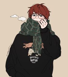 Rule 34 | 1boy, all nobori, artist name, black-framed eyewear, black sweater, blue eyes, blush, brown background, cat, closed mouth, clothes writing, green scarf, hand in pocket, hand up, highres, long sleeves, looking at viewer, male focus, original, plaid, plaid scarf, puff of air, red hair, scarf, short hair, sleeves past wrists, solo, sweater, upper body