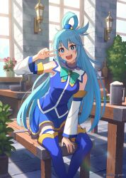 1girl aqua_(konosuba) aqua_bow aqua_bowtie artist_name bare_shoulders beer_mug blue_eyes blue_hair blue_skirt blush_stickers bottle bow bowl bowtie brooch commentary cup detached_sleeves flower flower_pot food hanagamigendai highres indoors jewelry kono_subarashii_sekai_ni_shukufuku_wo! long_hair looking_at_viewer mug open_mouth sitting skirt sleeveless solo table tavern teeth tray twitter_username upper_teeth_only v window