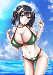 Rule 34 | 1girl, bare arms, bare shoulders, bikini, bird, black hair, blue eyes, blue sky, blush, breasts, cleavage, cloud, collarbone, cowboy shot, dated, day, green bikini, hair between eyes, hair ribbon, hands up, head tilt, highres, kantai collection, large breasts, leaning forward, looking at viewer, nakura haru, navel, ocean, outdoors, ribbon, short hair, sidelocks, signature, sky, smile, solo, souryuu (kancolle), stomach, swimsuit, thighs, twintails