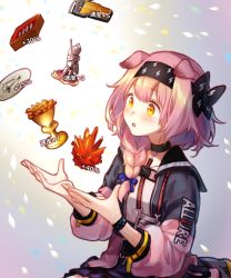 Rule 34 | 1girl, animal ears, arknights, black bracelet, black hairband, blue bow, bow, braid, cat ears, cat girl, coat, floppy ears, gameplay mechanics, goldenglow (arknights), hair bow, hairband, highres, infection monitor (arknights), lightning bolt print, long hair, long sleeves, multicolored coat, open mouth, pink coat, pink hair, print hairband, samita, side braid, solo, two-tone coat, upper body, yellow eyes