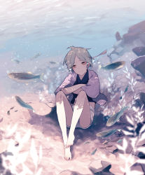 Rule 34 | 1girl, air bubble, androgynous, barefoot, blue hair, blush, bubble, crossed arms, fish, gradient background, light smile, looking at viewer, male focus, miya noyori, original, short hair, shorts, sitting, solo, submerged, underwater, water