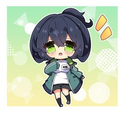 Rule 34 | 1girl, :d, black hair, black shorts, black socks, blush, breasts, commentary request, full body, green eyes, green jacket, gym shirt, gym shorts, gym uniform, hair between eyes, highres, jacket, kyoumachi seika, large breasts, long sleeves, looking at viewer, milkpanda, notice lines, open clothes, open jacket, open mouth, outline, ponytail, puffy long sleeves, puffy sleeves, shirt, shoes, short eyebrows, shorts, sleeves past wrists, smile, socks, solo, thick eyebrows, track jacket, uwabaki, voiceroid, white footwear, white outline, white shirt