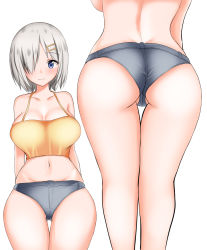 Rule 34 | 1girl, alternate costume, ass, blue eyes, breasts, commentary request, cowboy shot, grey shorts, groin, hair ornament, hair over one eye, hairclip, hamakaze (kancolle), highres, kantai collection, large breasts, masa (masa craft twi), midriff, multiple views, navel, orange tank top, short hair, short shorts, shorts, silver hair, simple background, standing, tank top, thigh gap, white background