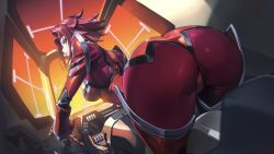 Rule 34 | 1girl, ass, ass focus, blue eyes, bodysuit, breasts, cockpit, code geass, from behind, headband, huge ass, kouzuki kallen, looking at viewer, looking back, looking down, medium breasts, red hair, shiny clothes, sideboob, skin tight, solo