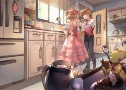 Rule 34 | 1boy, 1girl, bear, black footwear, black neckwear, black pants, brown eyes, cabinet, cake, cardcaptor sakura, chocolate, cooking, couple, cup, day, detached sleeves, door, double bun, dress, dress shirt, drinking glass, facing another, facing away, food, fork, from behind, hair between eyes, hair bun, hanababy91, hand in another&#039;s hair, hetero, holding, holding tray, indoors, kero (cardcaptor sakura), kinomoto sakura, kitchen, li xiaolang, light brown hair, long sleeves, looking at another, mug, necktie, off-shoulder dress, off shoulder, pants, pink dress, pink legwear, pitcher (container), plate, puffy short sleeves, puffy sleeves, refrigerator, ribbon-trimmed clothes, ribbon trim, shirt, short hair, short sleeves, slippers, smile, standing, tile floor, tiles, tray, waistcoat, whisk, white shirt, window, window blinds